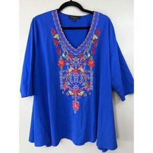 Calessa Plus Size Royal Blue V Neck 3/4 Sleeve Top Size 2X